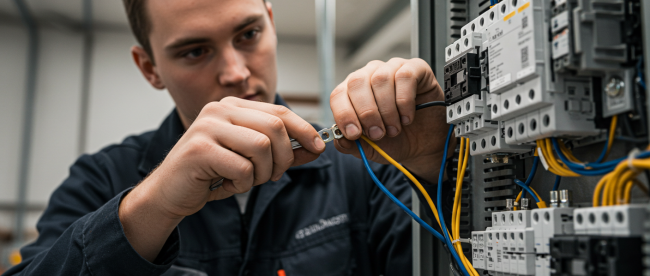 A photo of an electrician performing an Electrical Equipment Installation